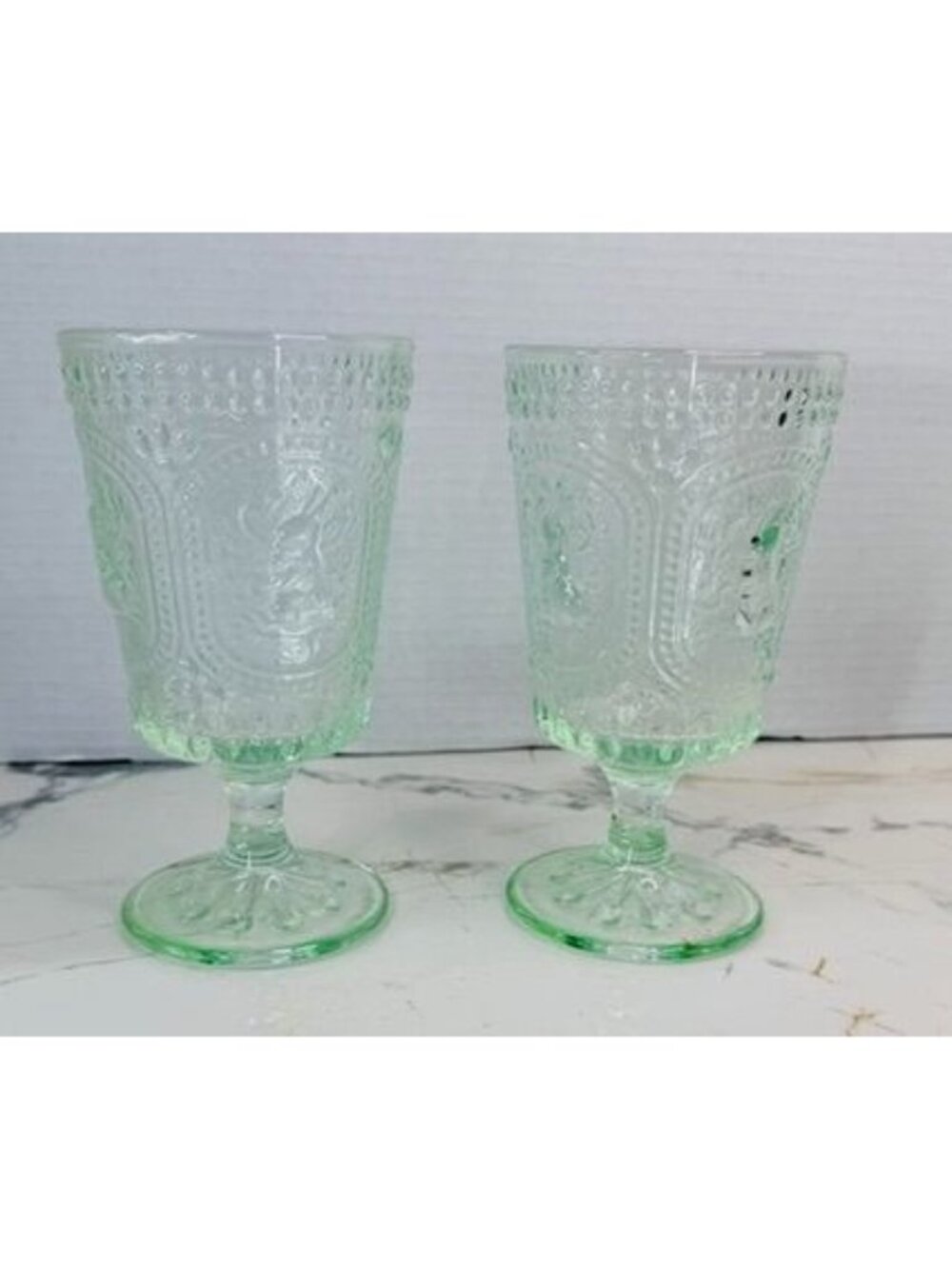 Pair of mint green glass springtime goblets, Easter, rabbits, farmhouse